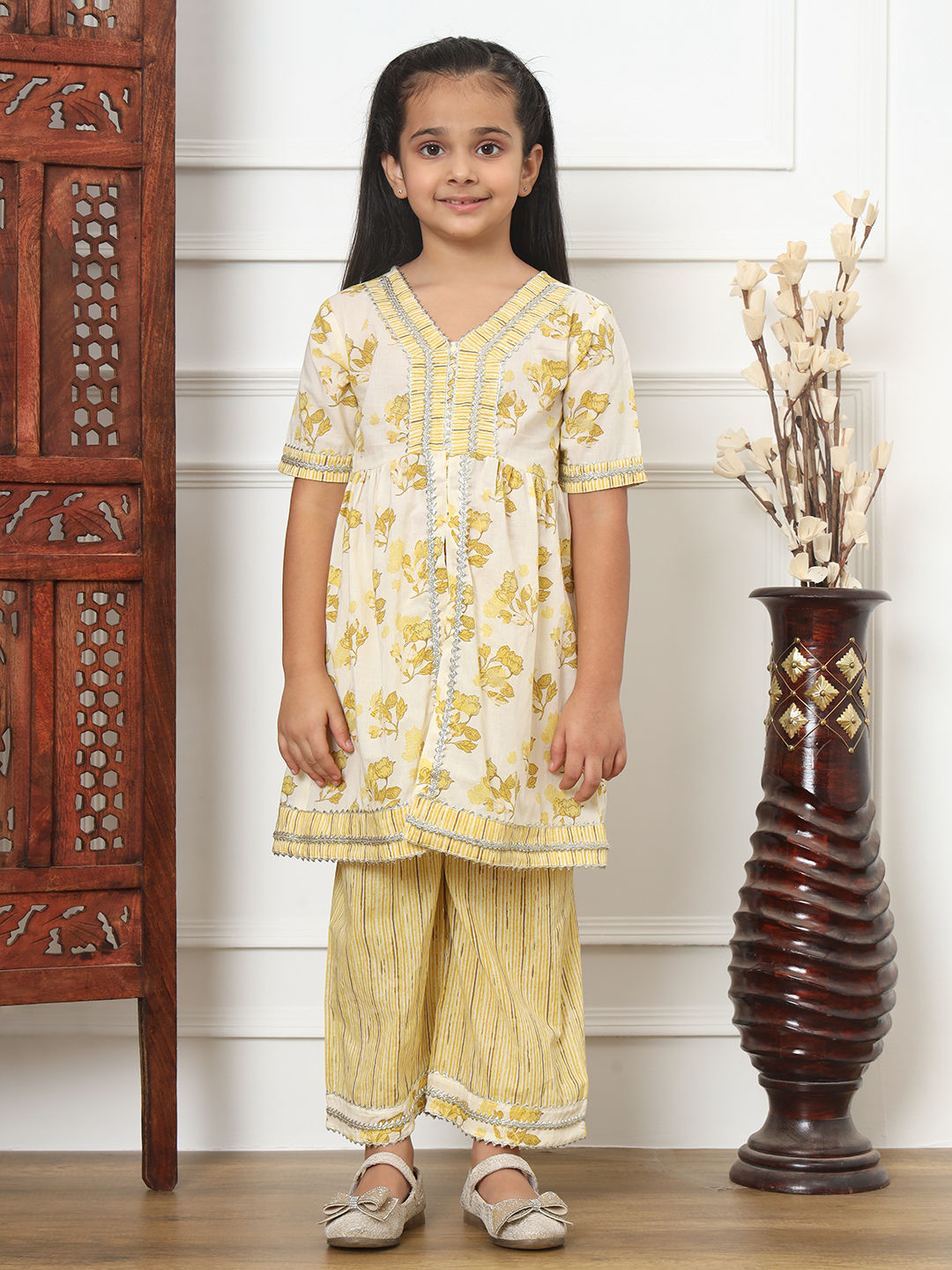 Frock Style Cotton Fabric Yellow Color Kurti And Palazzo