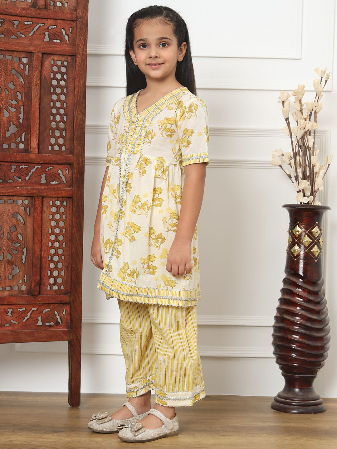 Frock Style Cotton Fabric Yellow Color Kurti And Palazzo