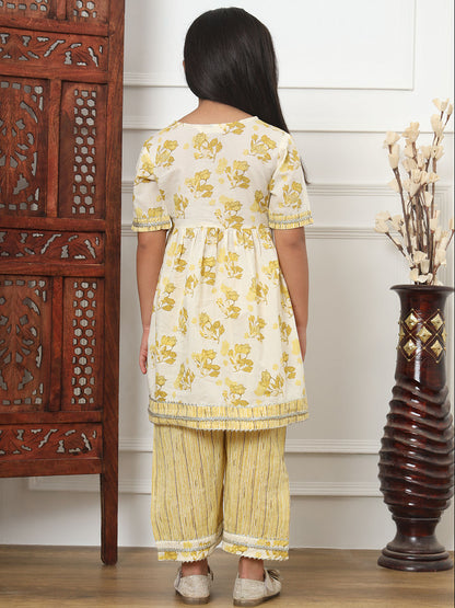 Frock Style Cotton Fabric Yellow Color Kurti And Palazzo