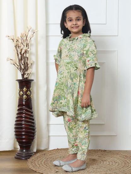 A Line Style Rayon Fabric Green Color Kurti With Pyjama