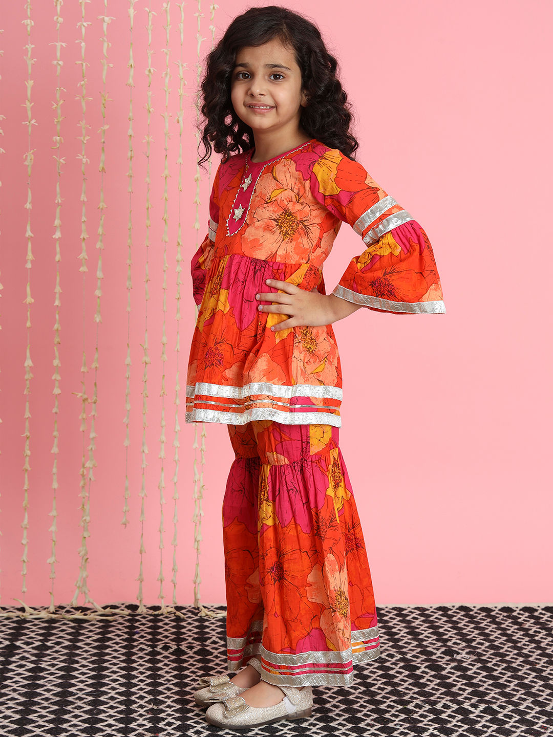 Frock style Cotton fabric Cream and Peach color printed Kurti and Sharara  with Gotta lace