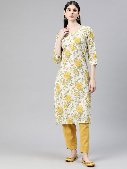 Straight Style Cotton Fabric Yellow Color Kurti And Bottom