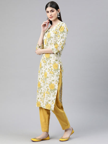 Straight Style Cotton Fabric Yellow Color Kurti And Bottom