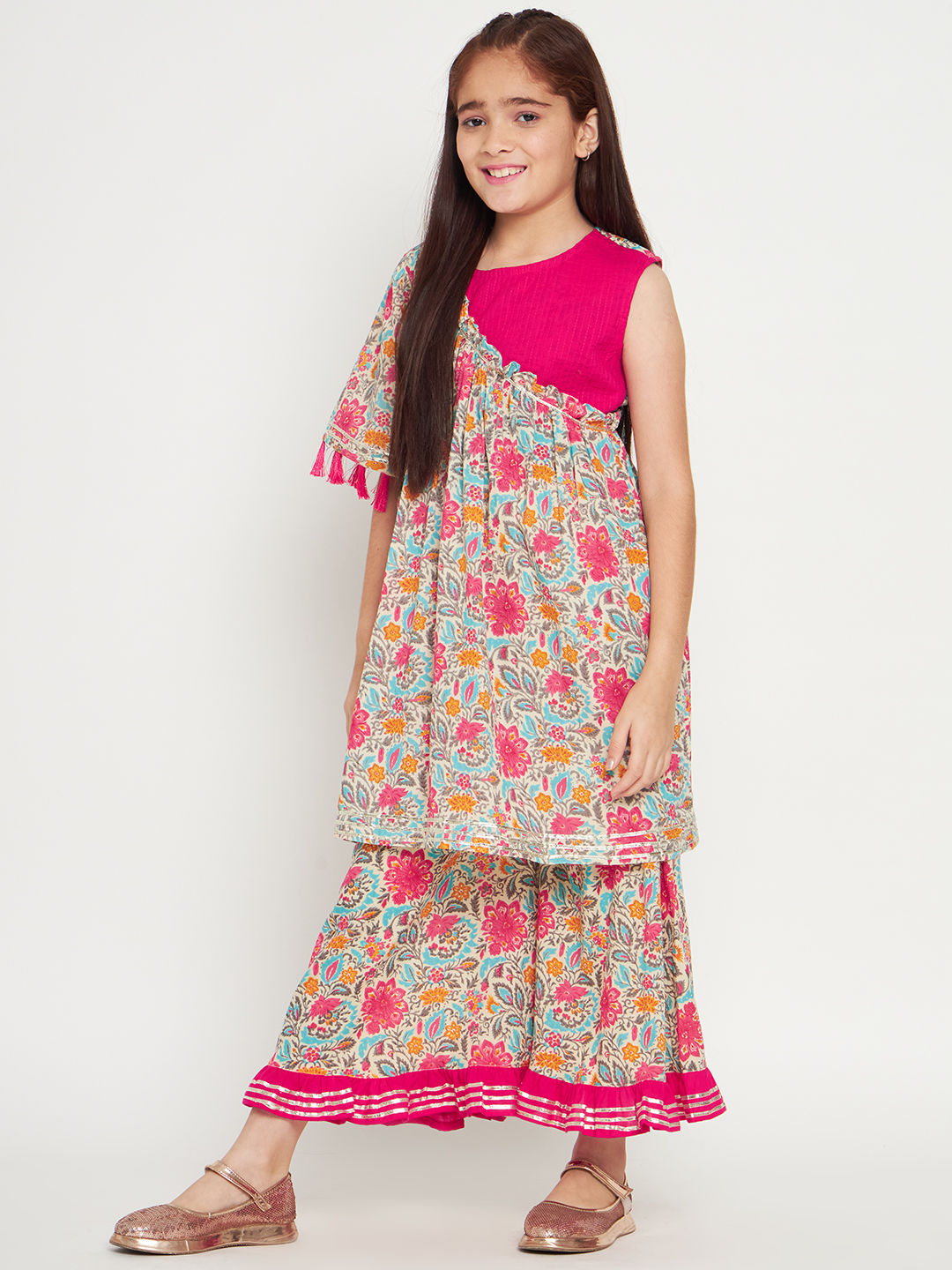 Frock Style Cotton Fabric Pink Color Kurti And A Line Palazzo