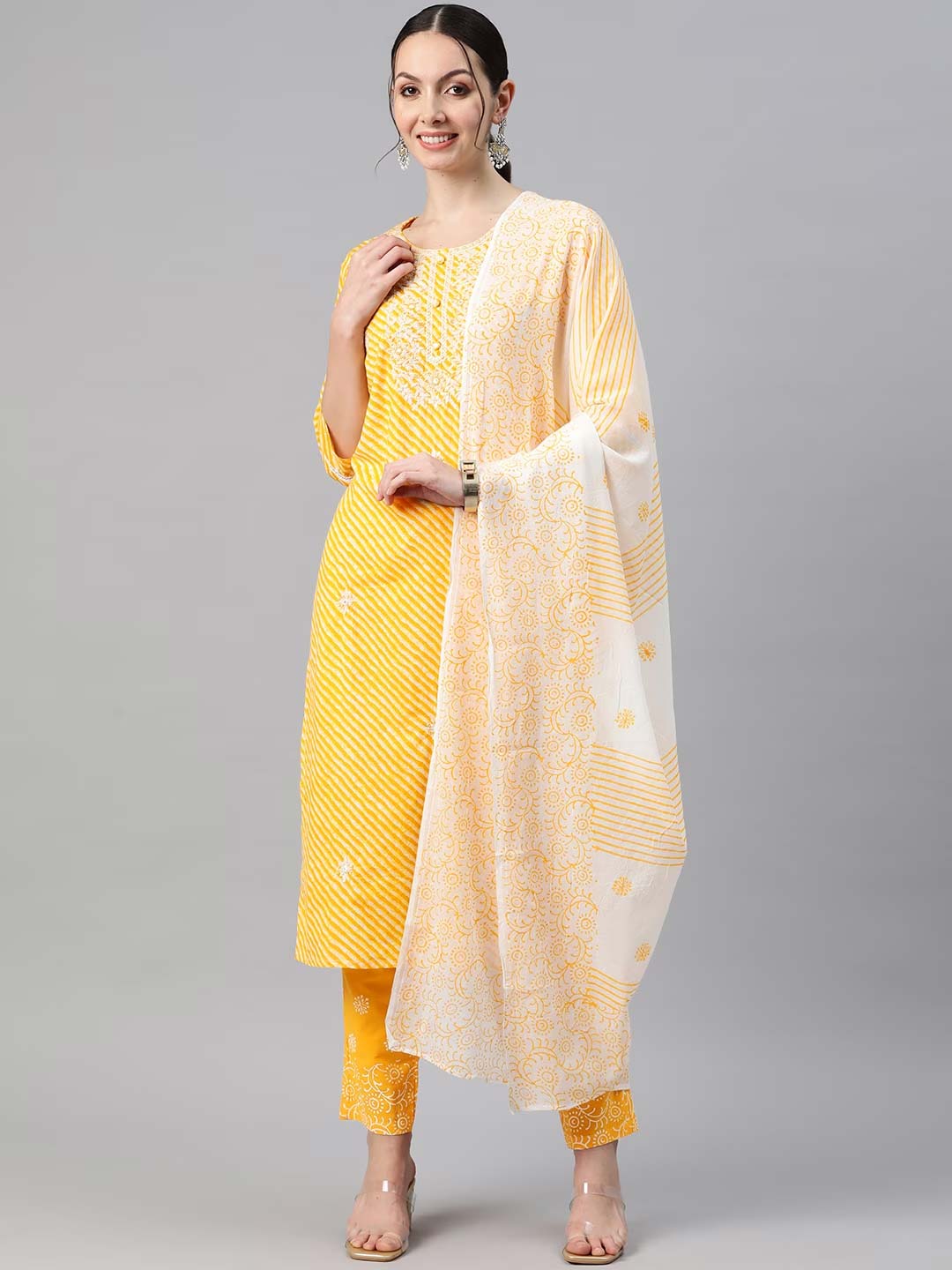 Straight Style Cotton Fabric Yellow Color Kurti And Bottom With Dupatta