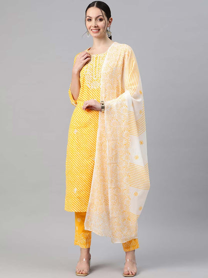 Straight Style Cotton Fabric Yellow Color Kurti And Bottom With Dupatta