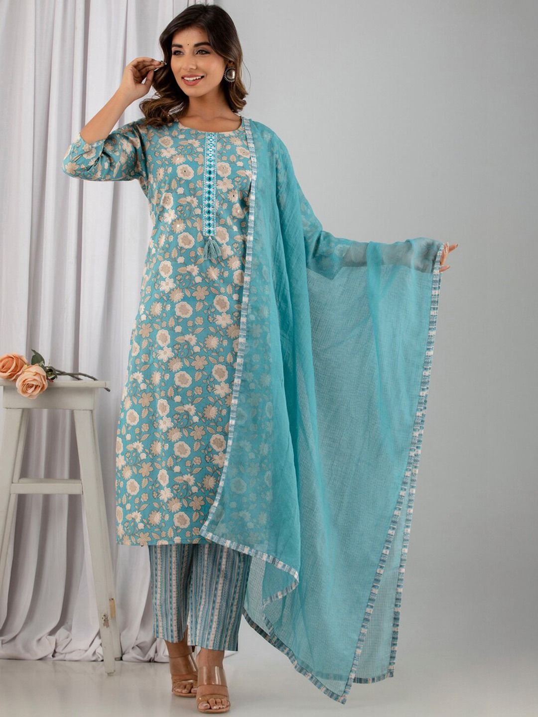 Straight Style Cotton Fabric Turquoise Blue Color Kurti And Bottom With Dupatta