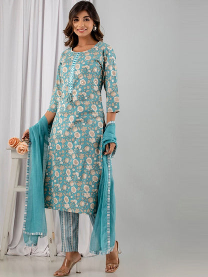 Straight Style Cotton Fabric Turquoise Blue Color Kurti And Bottom With Dupatta