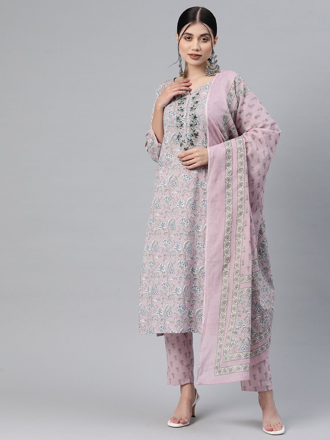 Straight Style Cotton Fabric Mauve Color Kurti And Bottom With Dupatta