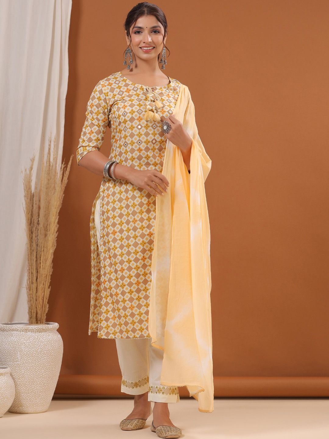 Straight Style Cotton Fabric Yellow Color Kurti And Bottom