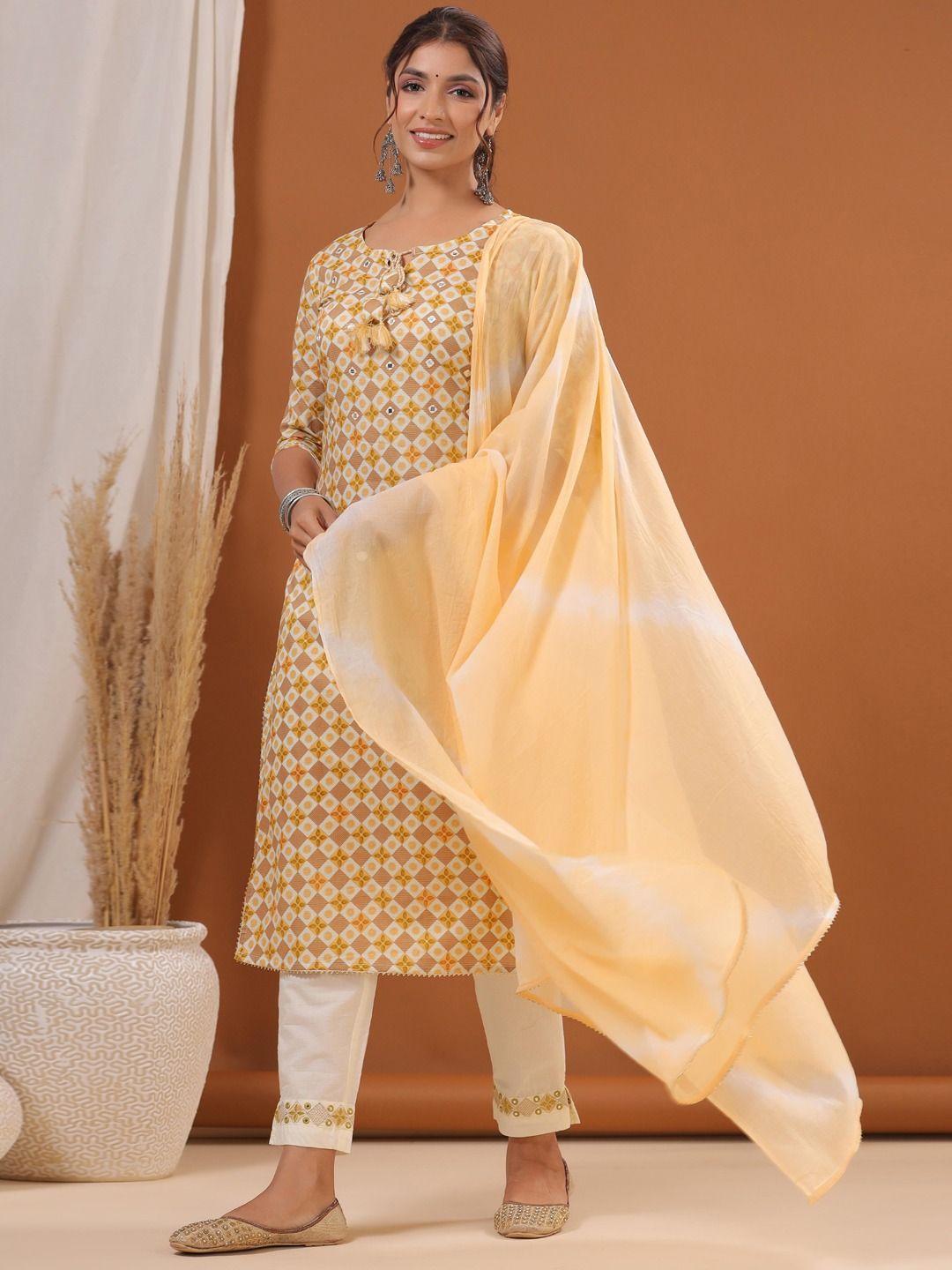 Straight Style Cotton Fabric Yellow Color Kurti And Bottom