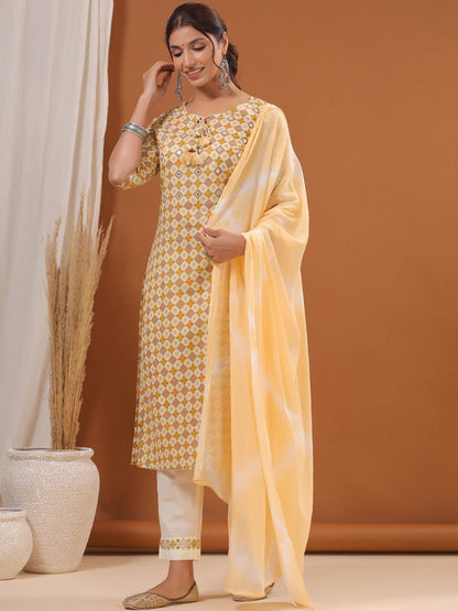 Straight Style Cotton Fabric Yellow Color Kurti And Bottom