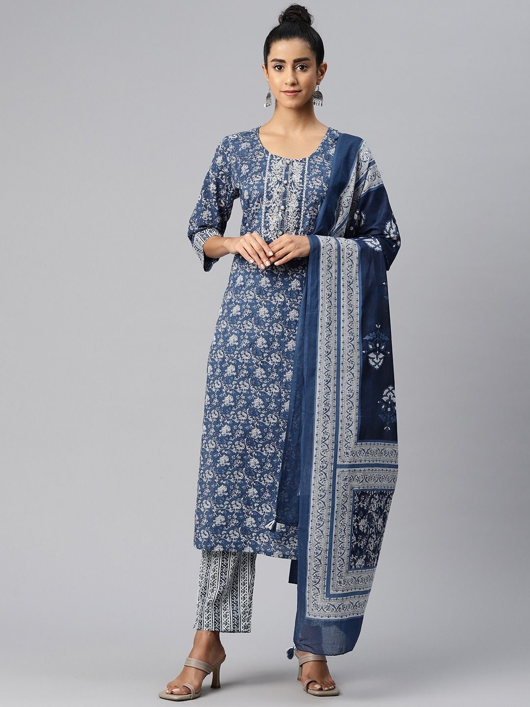 Straight Style Cotton Fabric Blue Color Kurti And Bottom With Dupatta