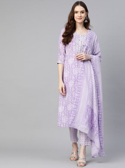 Straight Style Cotton Fabric Purple Color Kurta With Bottom & Dupatta