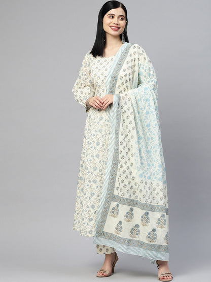 Anarkali Style Cotton Fabric Off White & Blue Color Kurta With Pajama And Dupatta