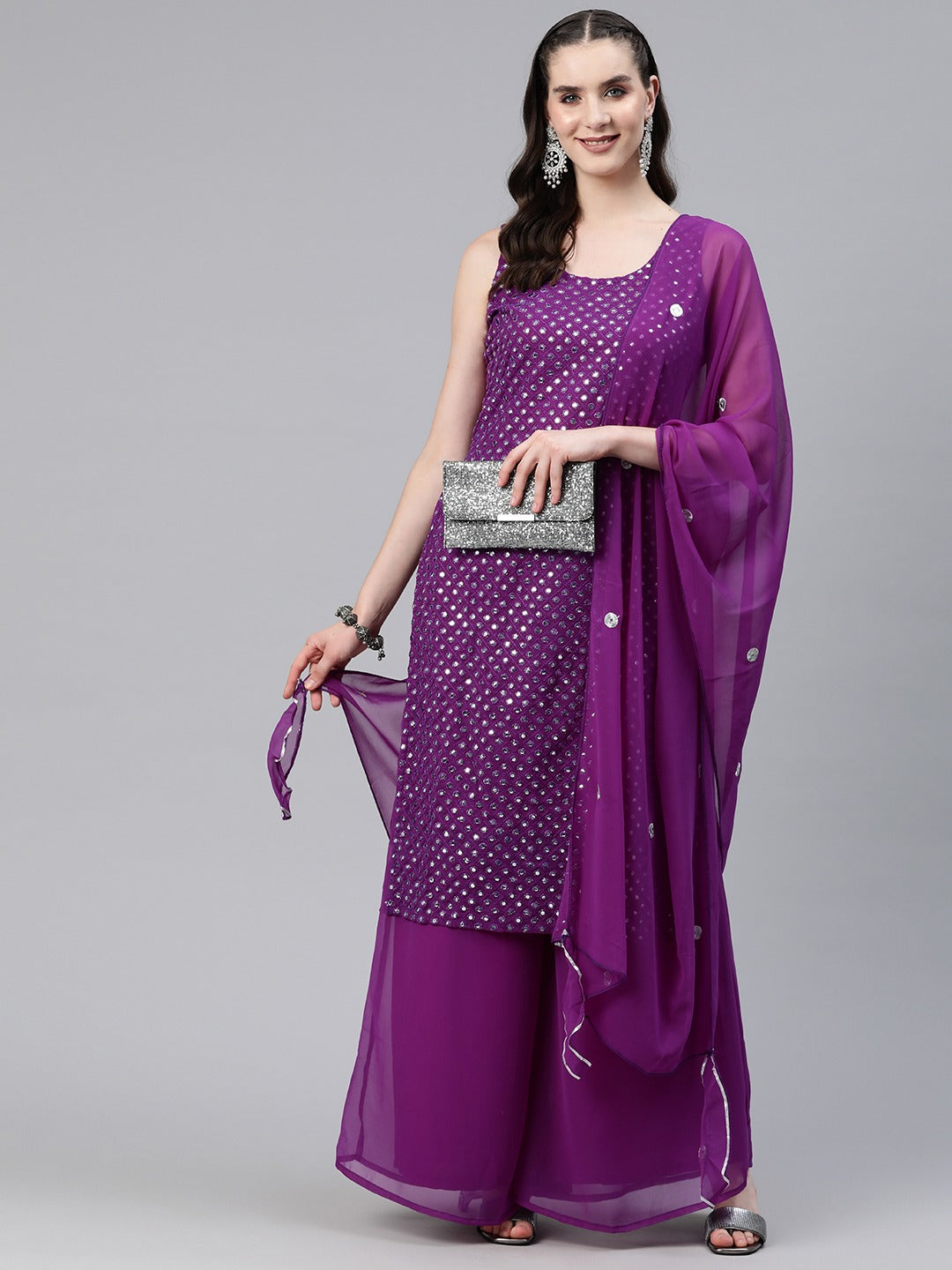 Straight Style Georgette Fabric Purple Color Kurti And Bottom & Dupatta