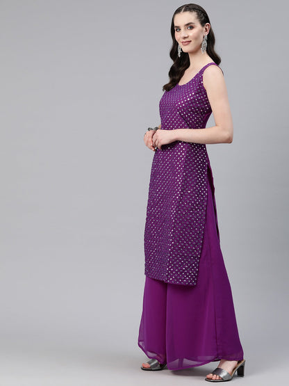 Straight Style Georgette Fabric Purple Color Kurti And Bottom & Dupatta