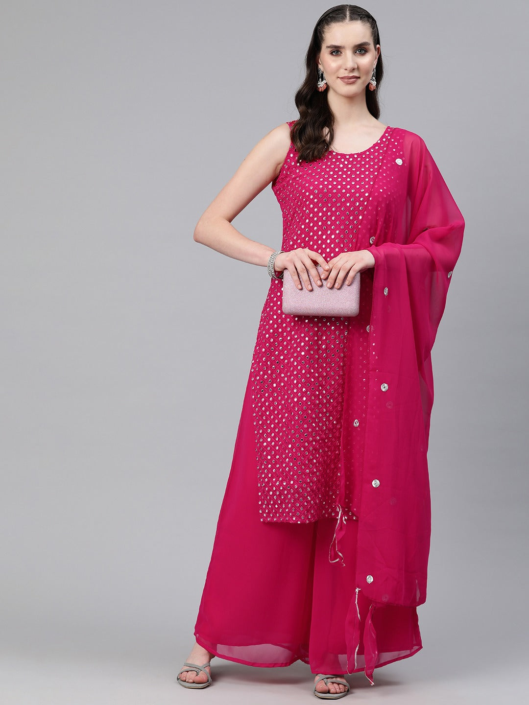 Straight Style Georgette Fabric Magenta Color Kurti And Bottom & Dupatta