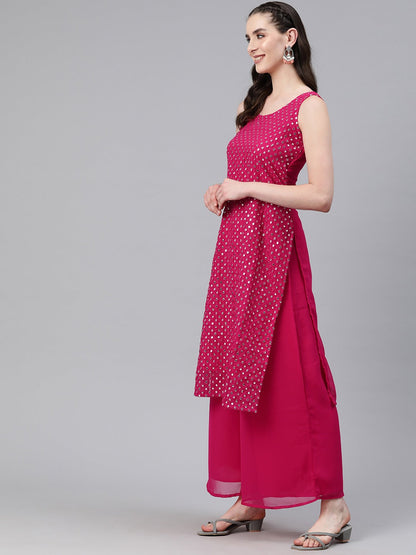 Straight Style Georgette Fabric Magenta Color Kurti And Bottom & Dupatta