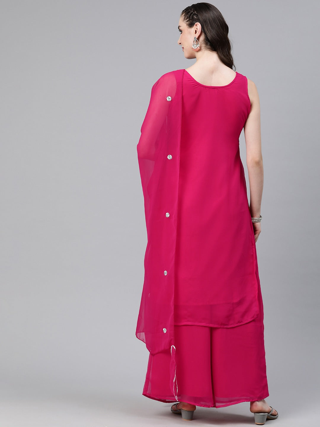 Straight Style Georgette Fabric Magenta Color Kurti And Bottom & Dupatta