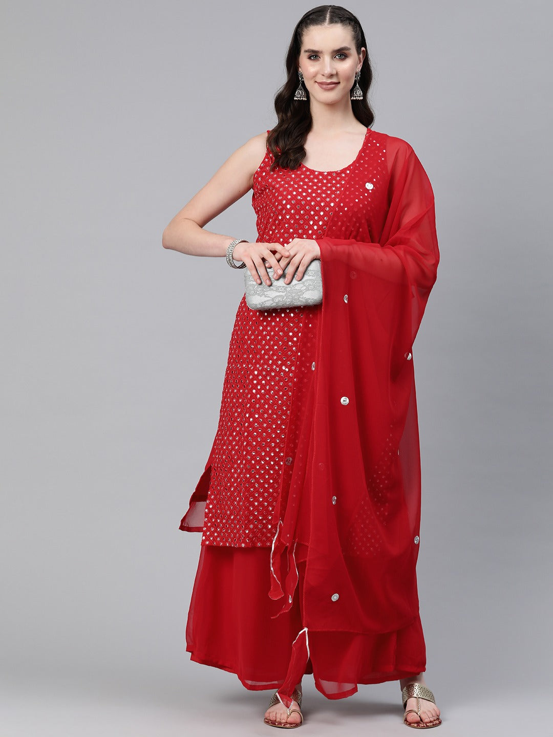 Straight Style Georgette Fabric Red Color Kurti And Bottom & Dupatta