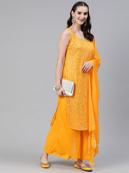 Straight Style Georgette Fabric Yellow Color Kurti And Bottom & Dupatta