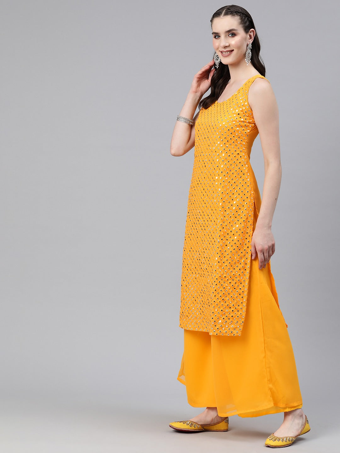 Straight Style Georgette Fabric Yellow Color Kurti And Bottom & Dupatta