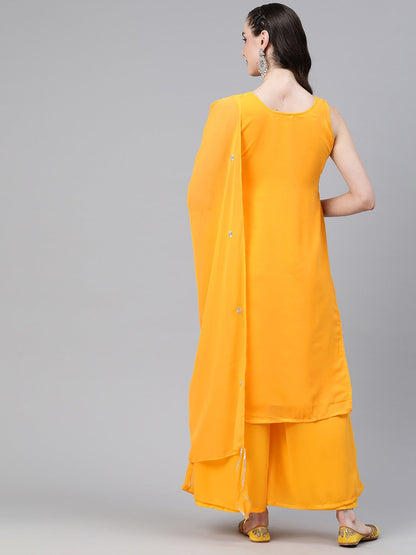 Straight Style Georgette Fabric Yellow Color Kurti And Bottom & Dupatta