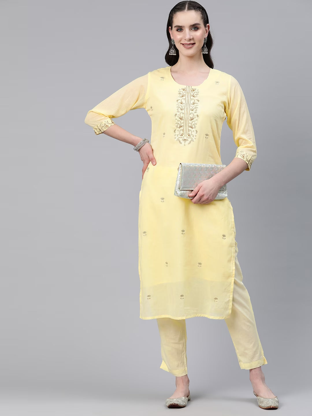 Straight Style Cotton Fabric Yellow Color Kurti And Bottom