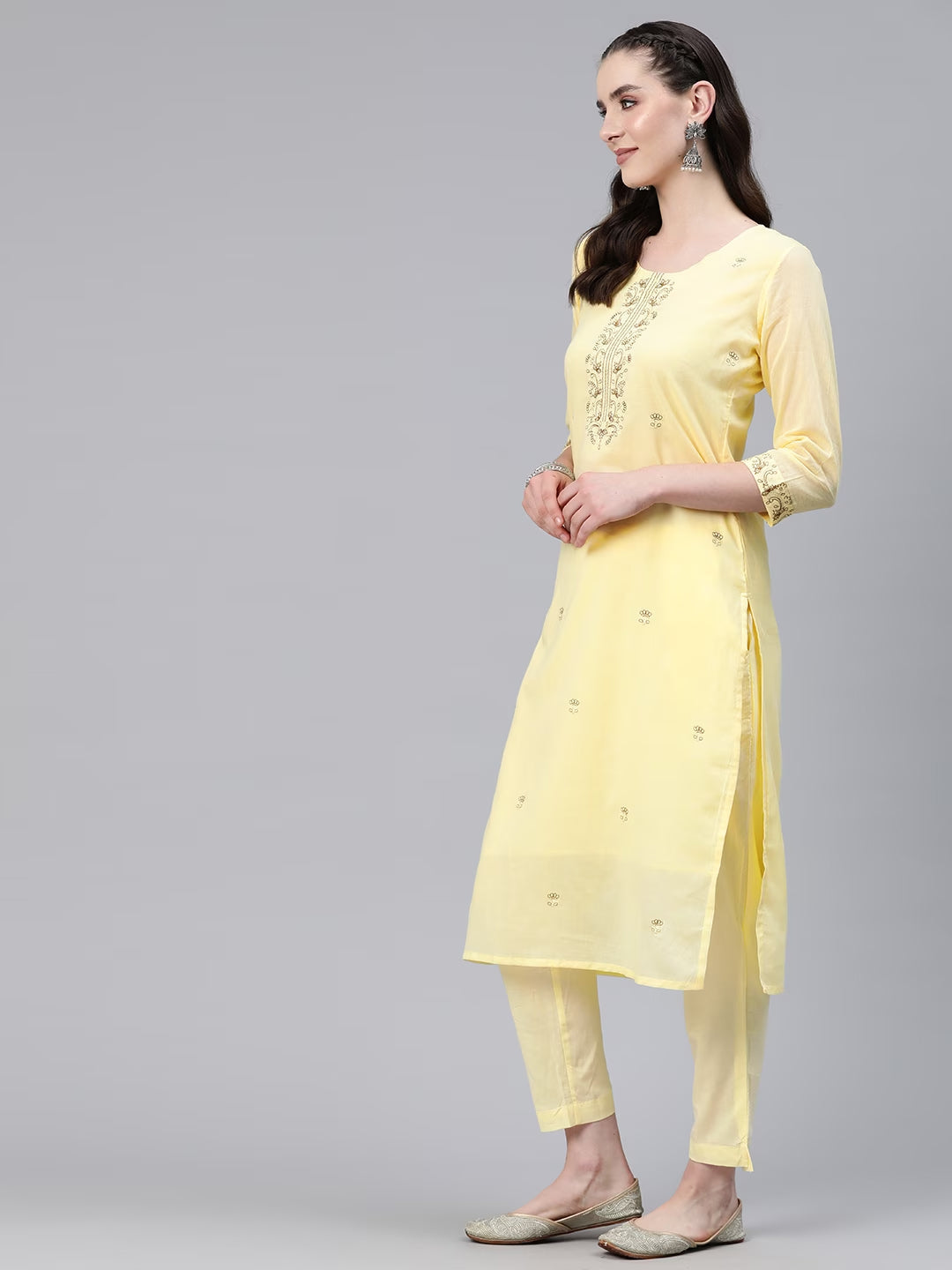 Straight Style Cotton Fabric Yellow Color Kurti And Bottom