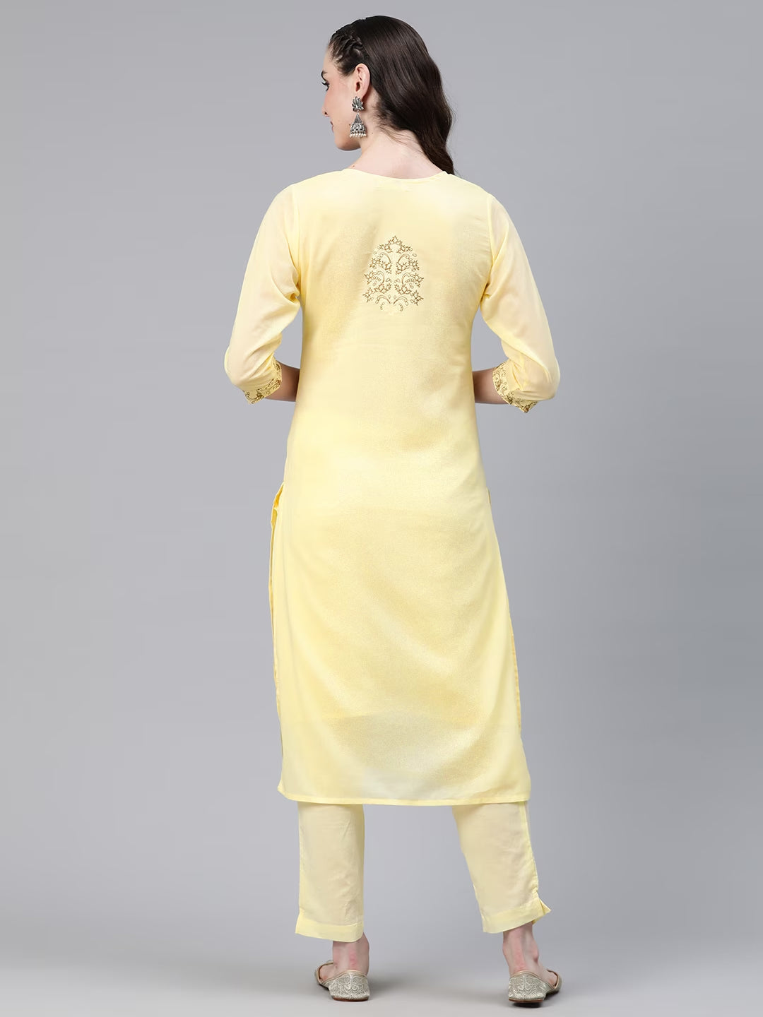 Straight Style Cotton Fabric Yellow Color Kurti And Bottom