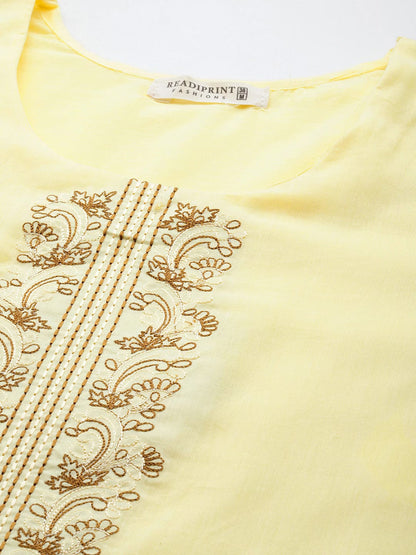 Straight Style Cotton Fabric Yellow Color Kurti And Bottom