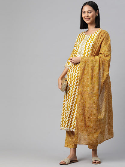 Straight Style Rayon Fabric Mustard Color Kurta And Bottom With Dupatta