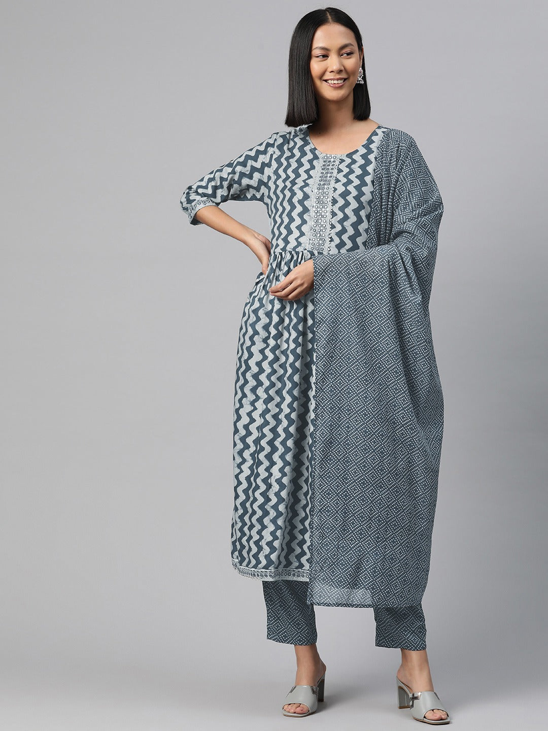 Straight Style Rayon Fabric Grey Color Kurta And Bottom With Dupatta