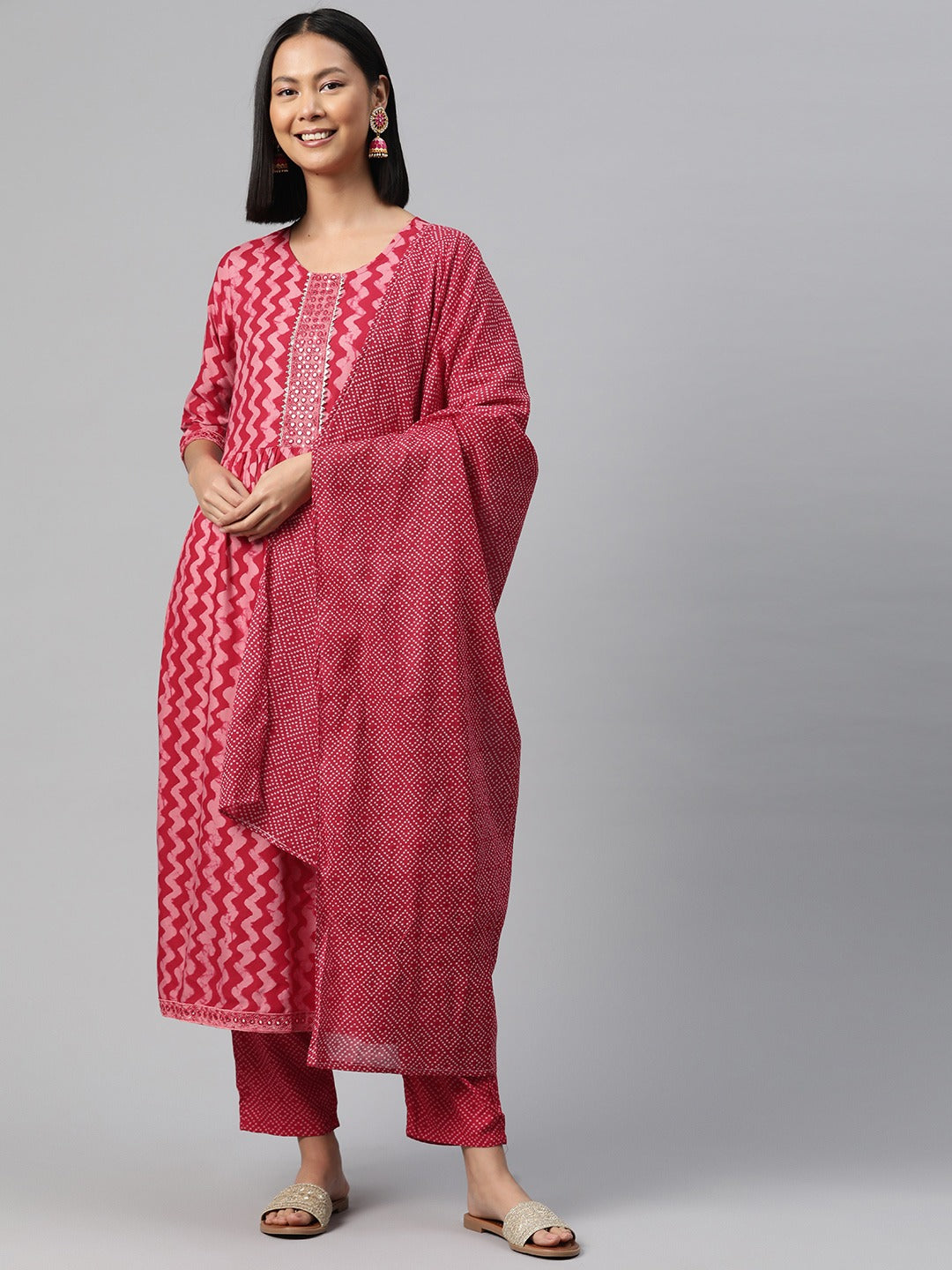 Straight Style Rayon Fabric Pink Color Kurta And Bottom With Dupatta