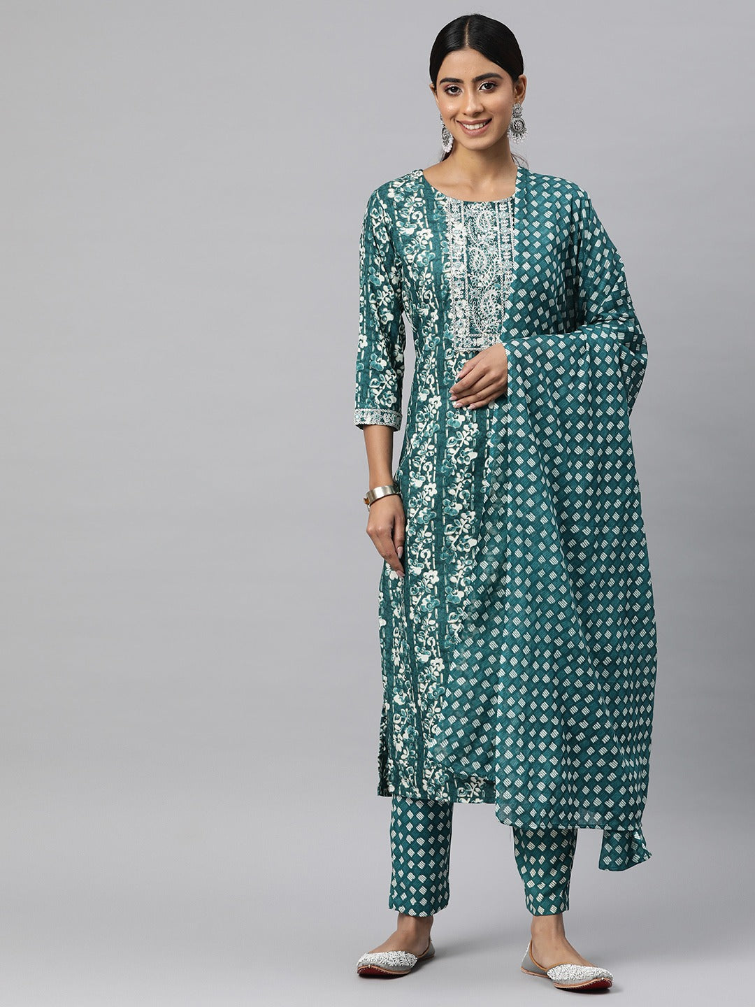 Straight Style Cotton Fabric Sea Green Color Kurta And Bottom With Dupatta