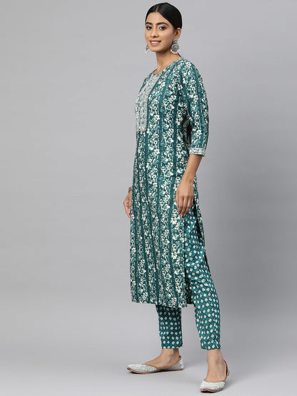 Straight Style Cotton Fabric Sea Green Color Kurta And Bottom With Dupatta