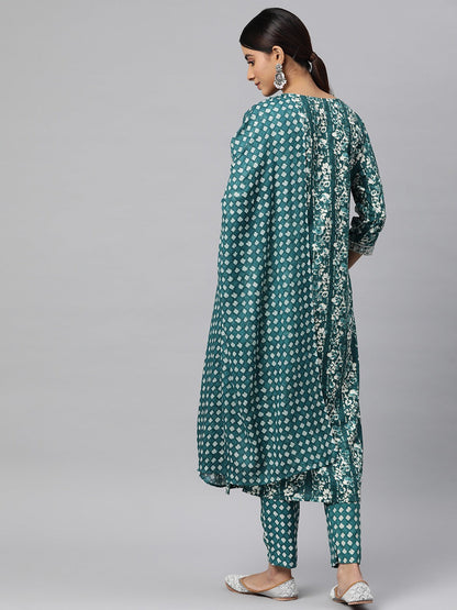 Straight Style Cotton Fabric Sea Green Color Kurta And Bottom With Dupatta