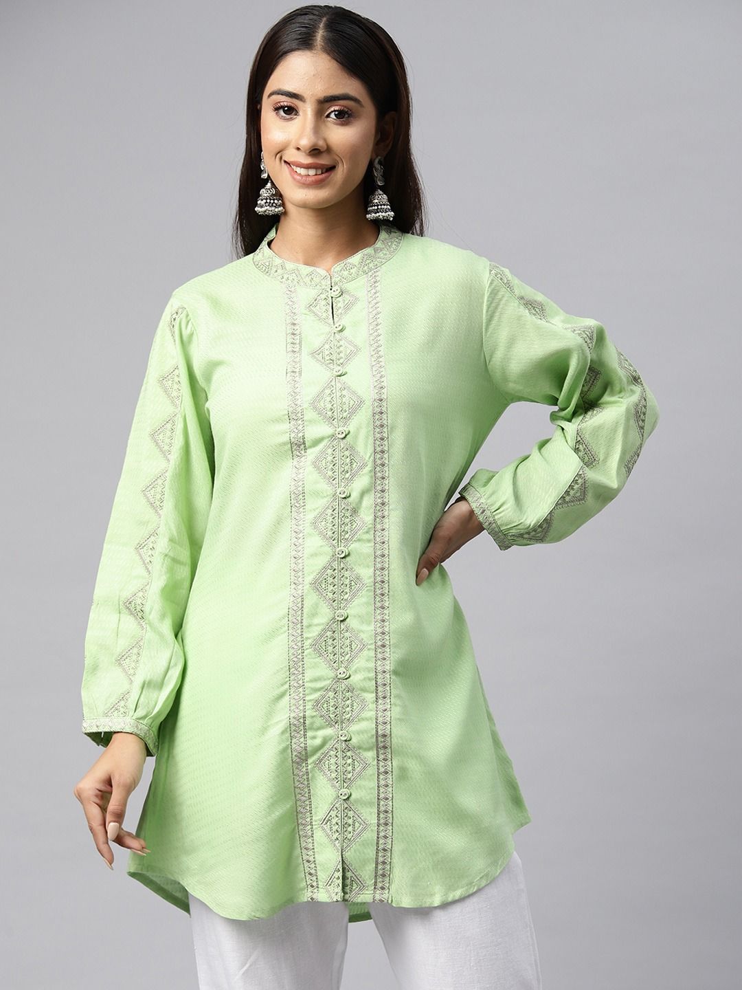 Straight Style Rayon Fabric Green Color Kurti