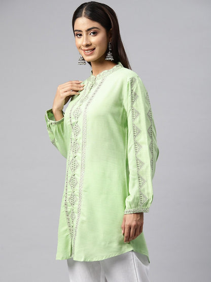 Straight Style Rayon Fabric Green Color Kurti