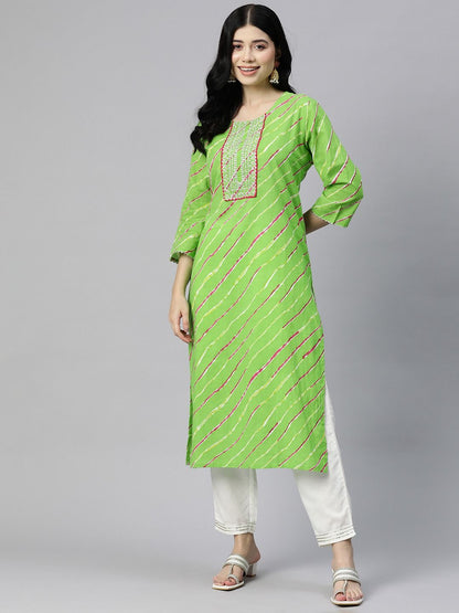 Straight Style Cotton Fabric Green Color Kurti