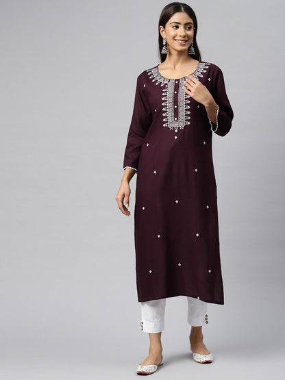 Straight Style Rayon Fabric Violet Color Kurta