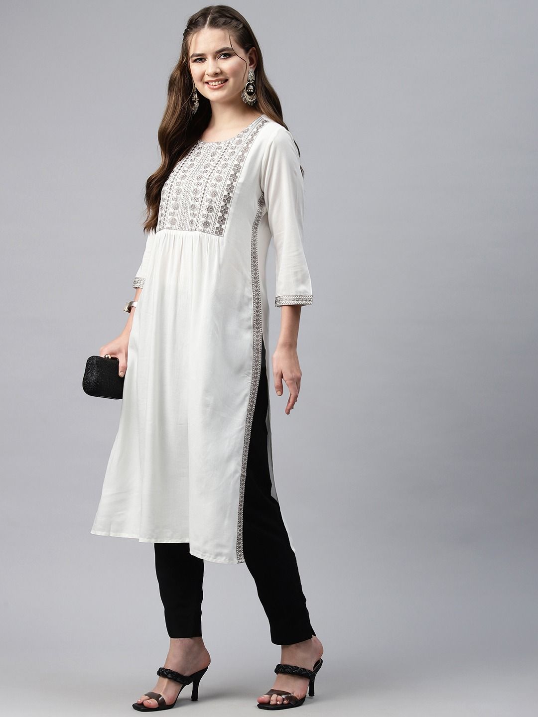 Naira Style Rayon Fabric White Color Kurti