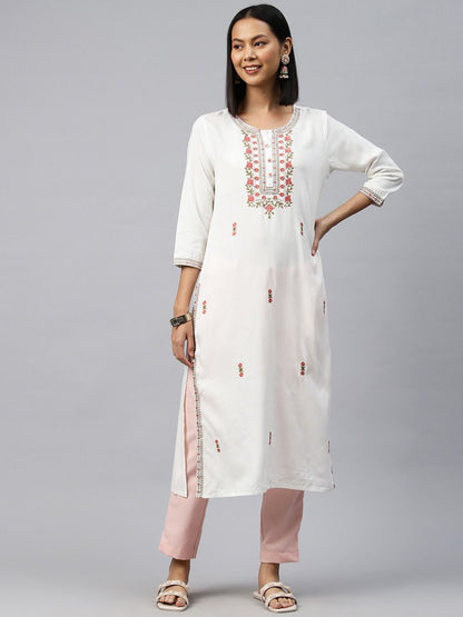 Straight Style Rayon Fabric White Color Kurti