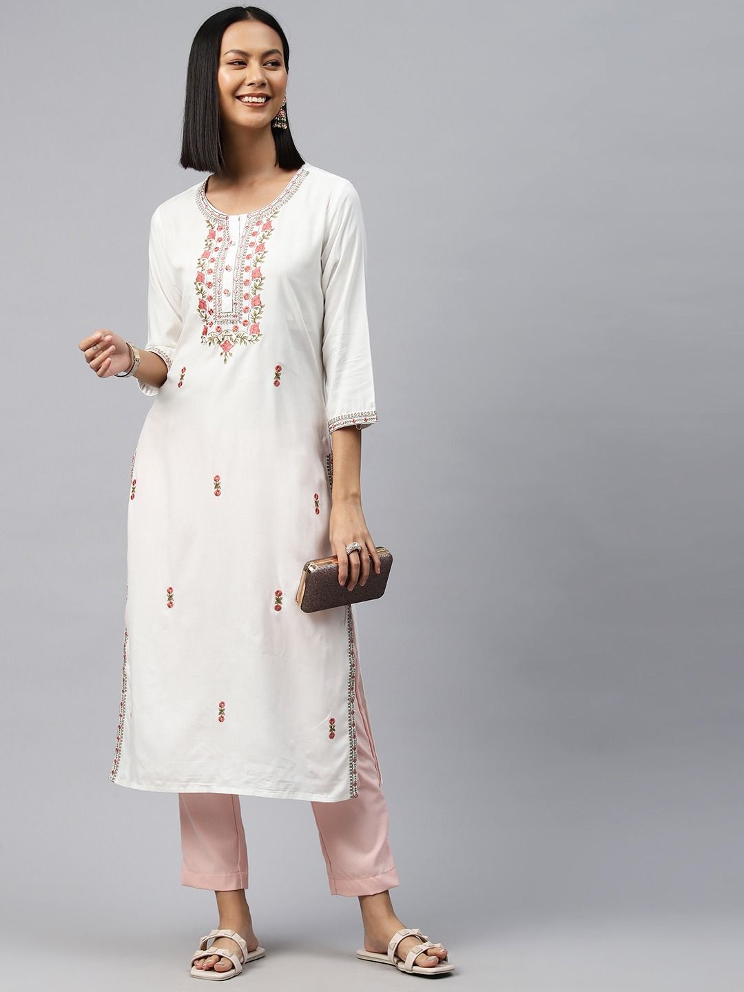 Straight Style Rayon Fabric White Color Kurti