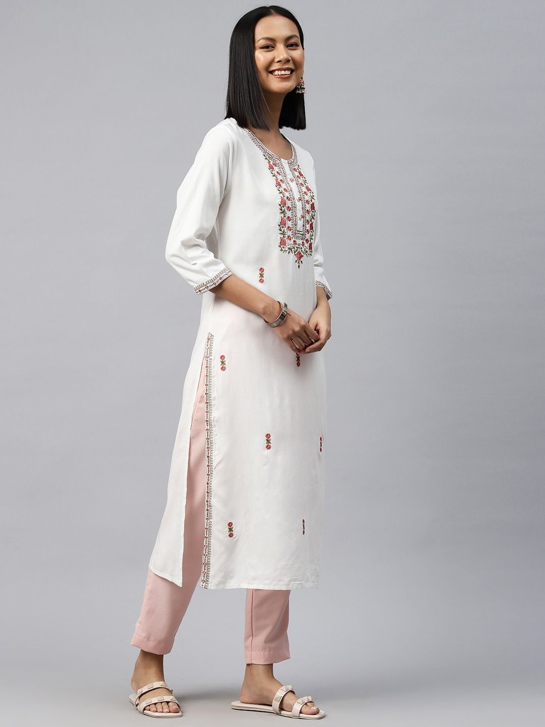 Straight Style Rayon Fabric White Color Kurti