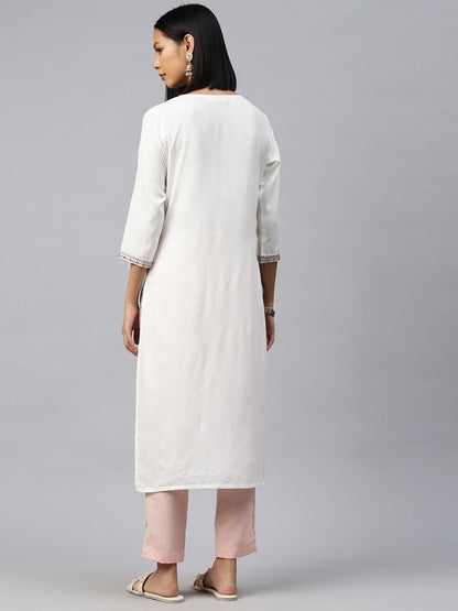 Straight Style Rayon Fabric White Color Kurti