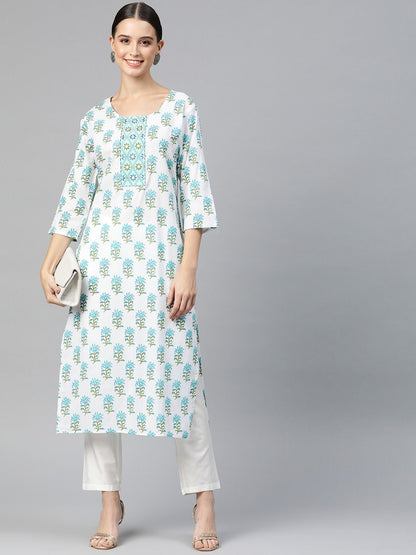 Straight Style Cotton Fabric White Color Kurti