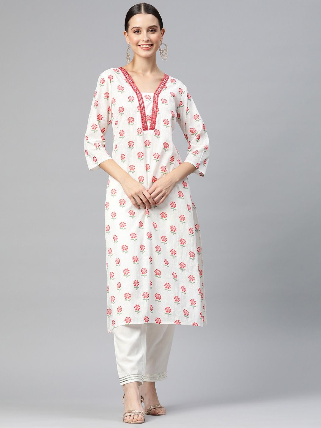 Straight Style Cotton Fabric Red Color Kurti