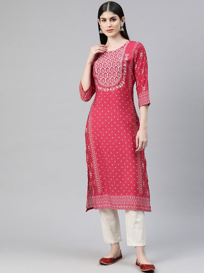 Straight Style Rayon Fabric Red Color Kurti